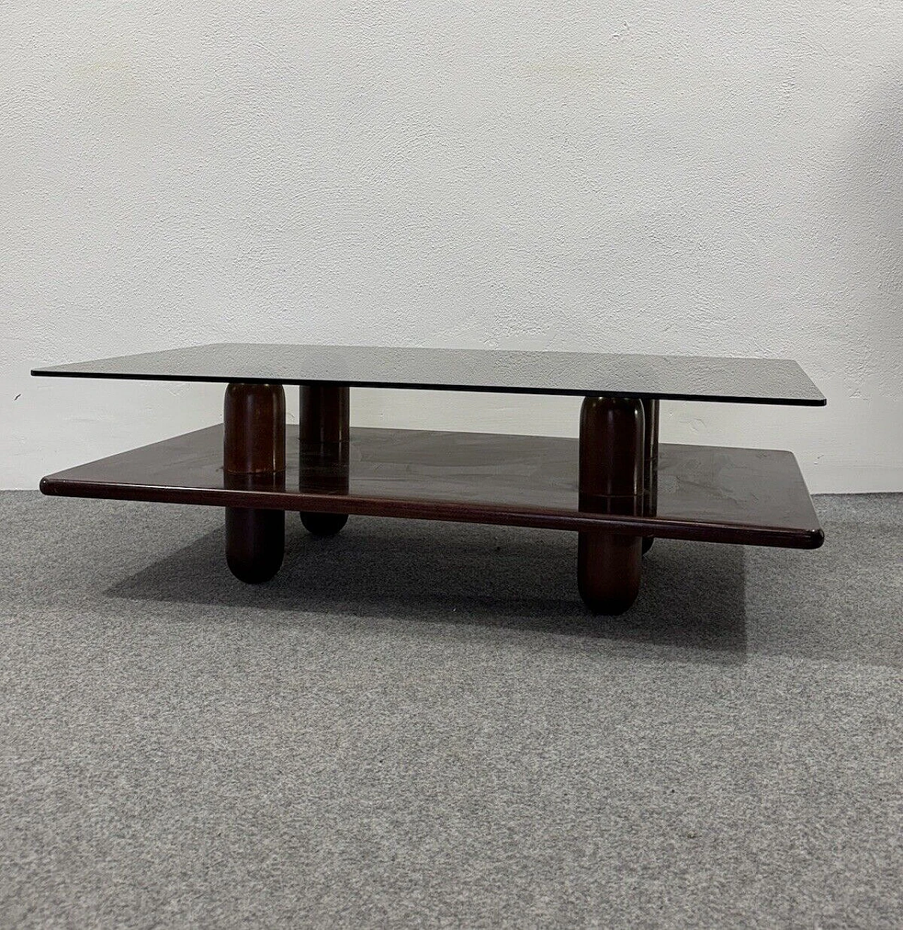 Wood and ochre glass coffee table with double shelf, 1960s 4