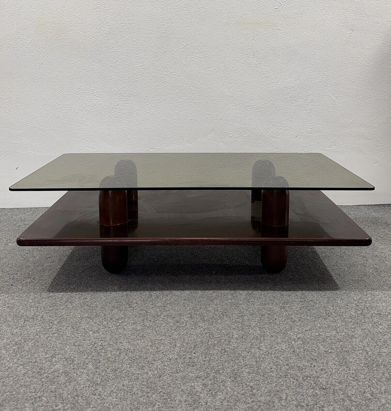 Wood and ochre glass coffee table with double shelf, 1960s 6