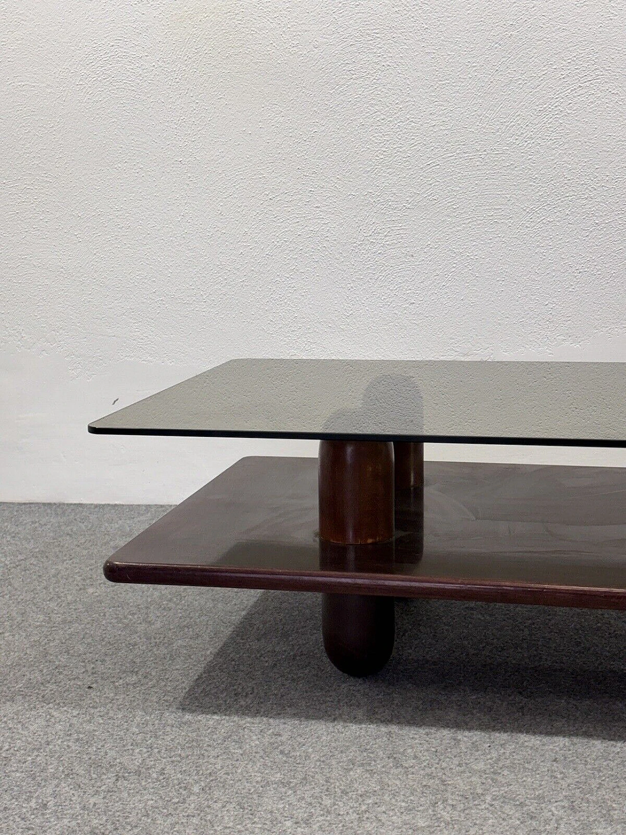 Wood and ochre glass coffee table with double shelf, 1960s 7