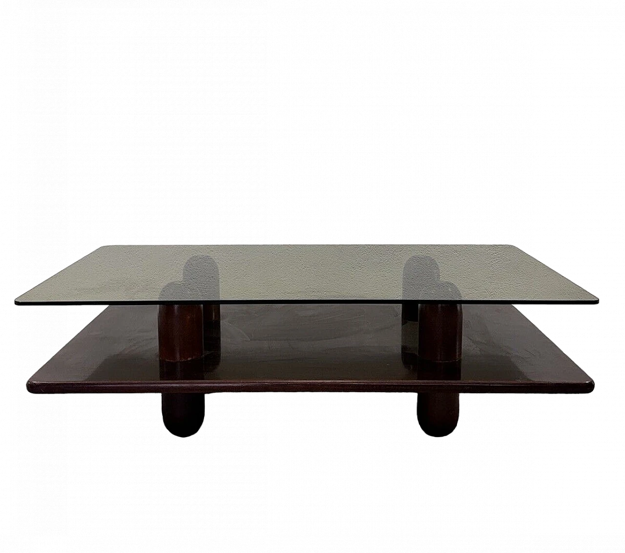 Wood and ochre glass coffee table with double shelf, 1960s 11