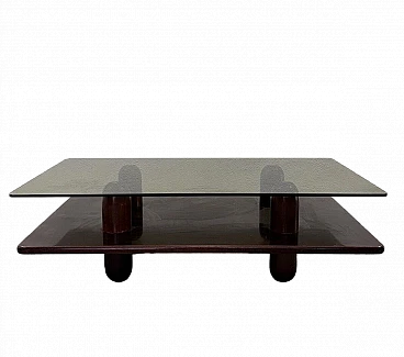 Wood and ochre glass coffee table with double shelf, 1960s