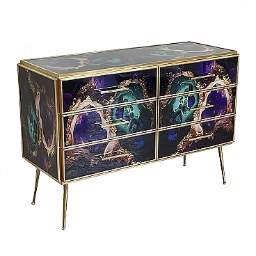 Brass and Murano glass chest of drawers with abstract motif, 1980s