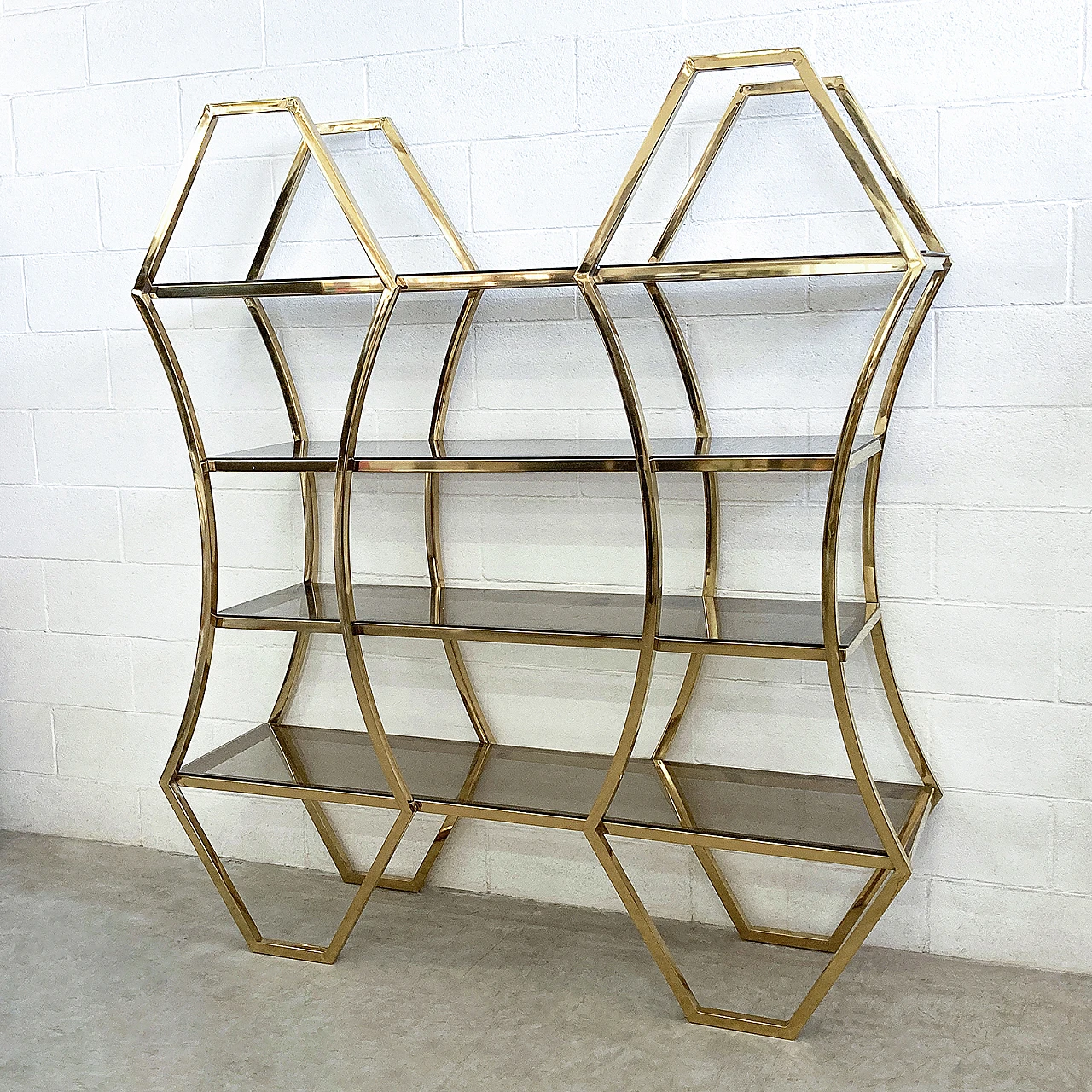 Gilded brass and smoked glass bookcase, 1960s 2
