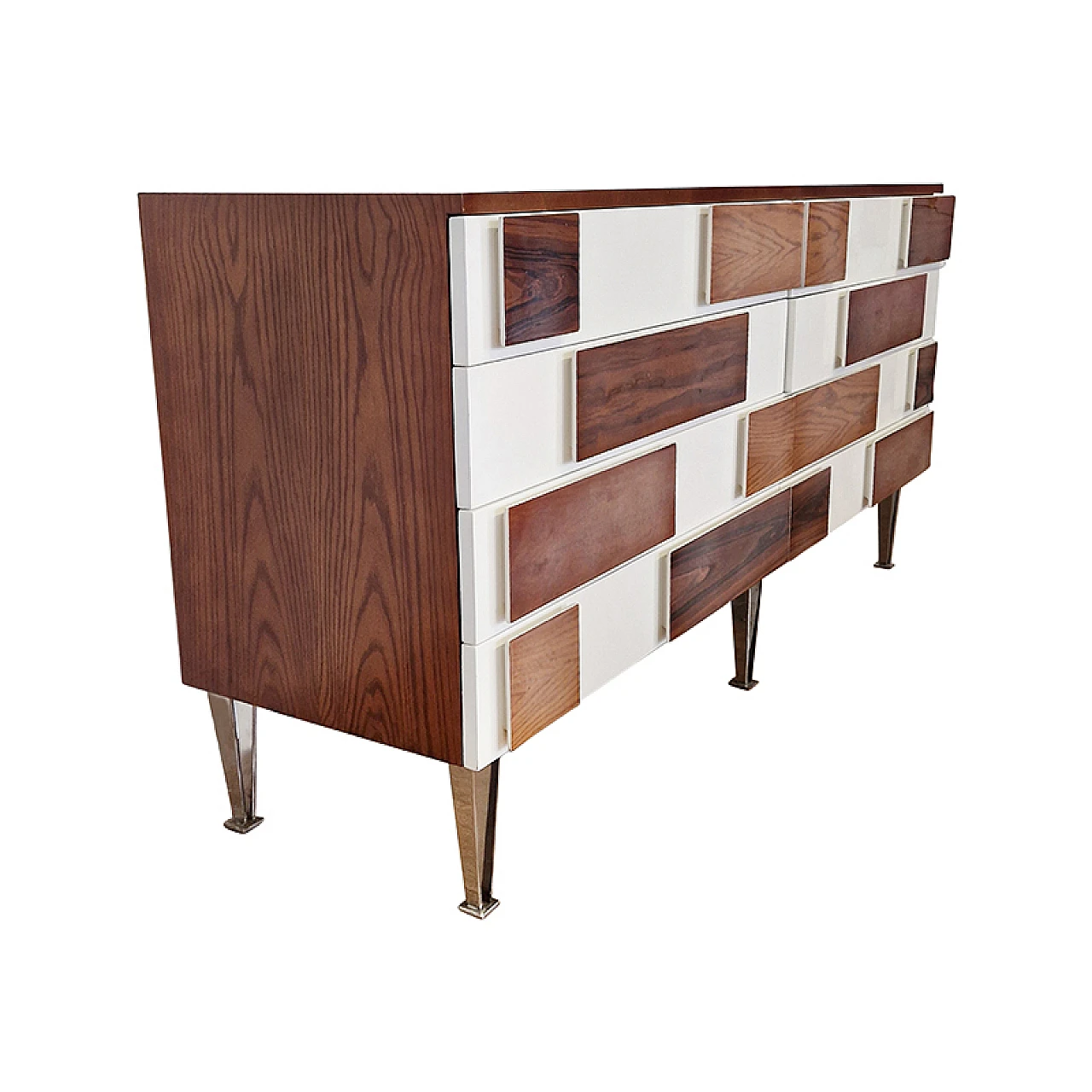 Comò a sei cassetti in noce con piedi in acciaio, anni '80 1
