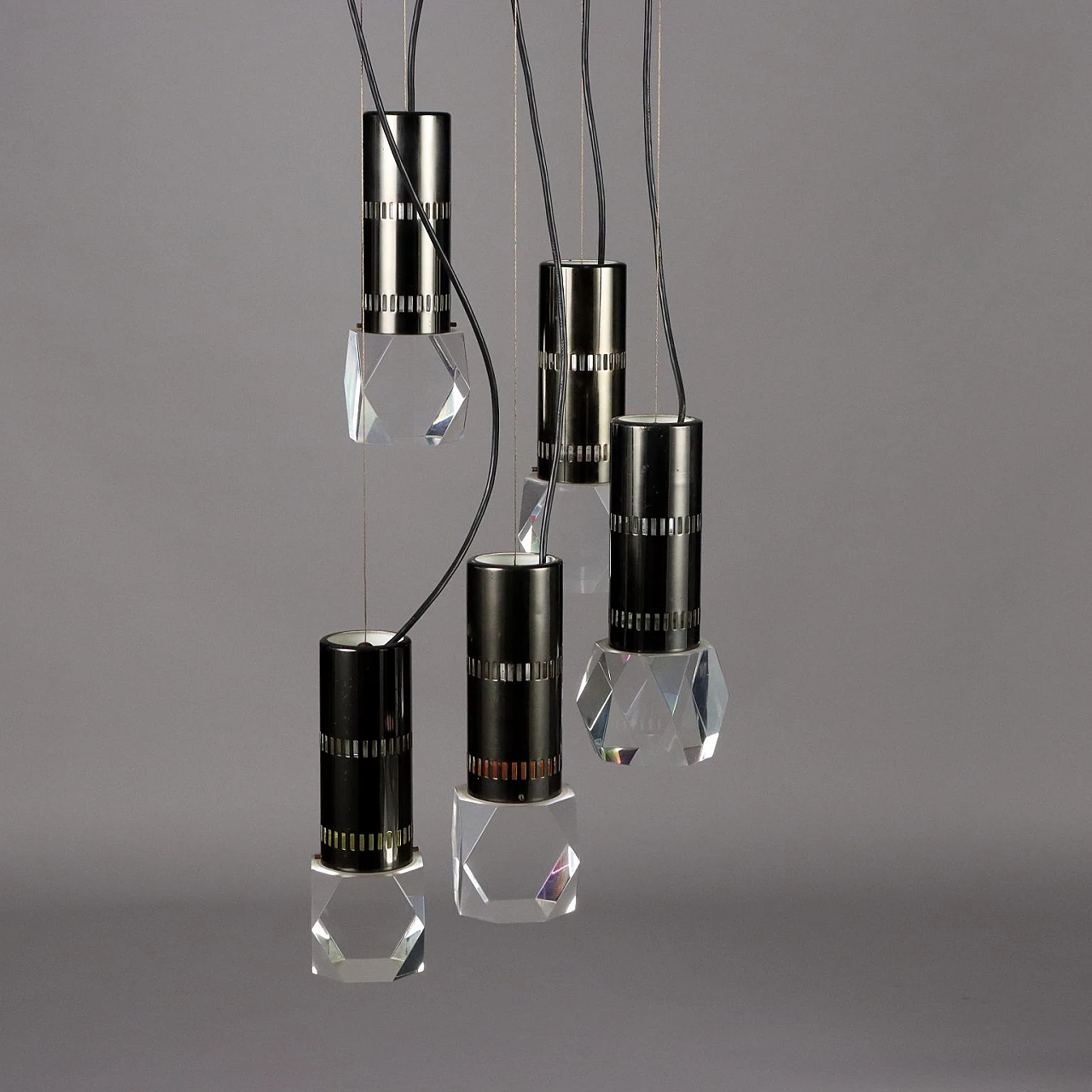 Ceiling lamp with 5 lights in aluminium and brass, 1970s 10