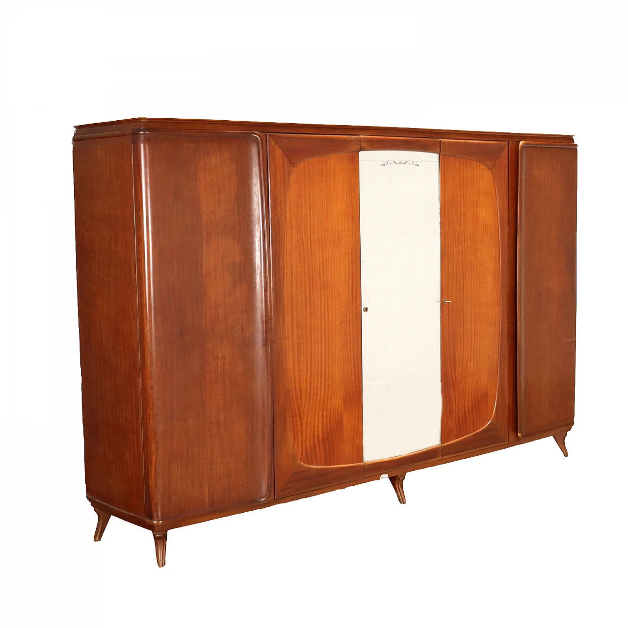 5-Door mahogany veneer wood wardrobe and mirror, 1950s 1