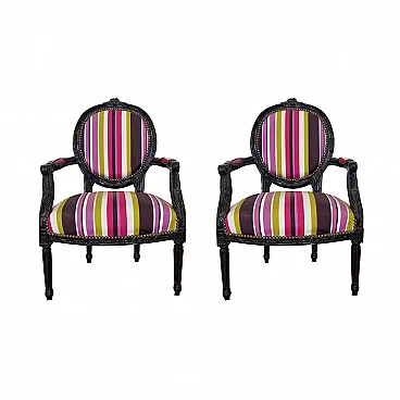 Pair of wooden and multicoloured fabric armchairs, 1990s