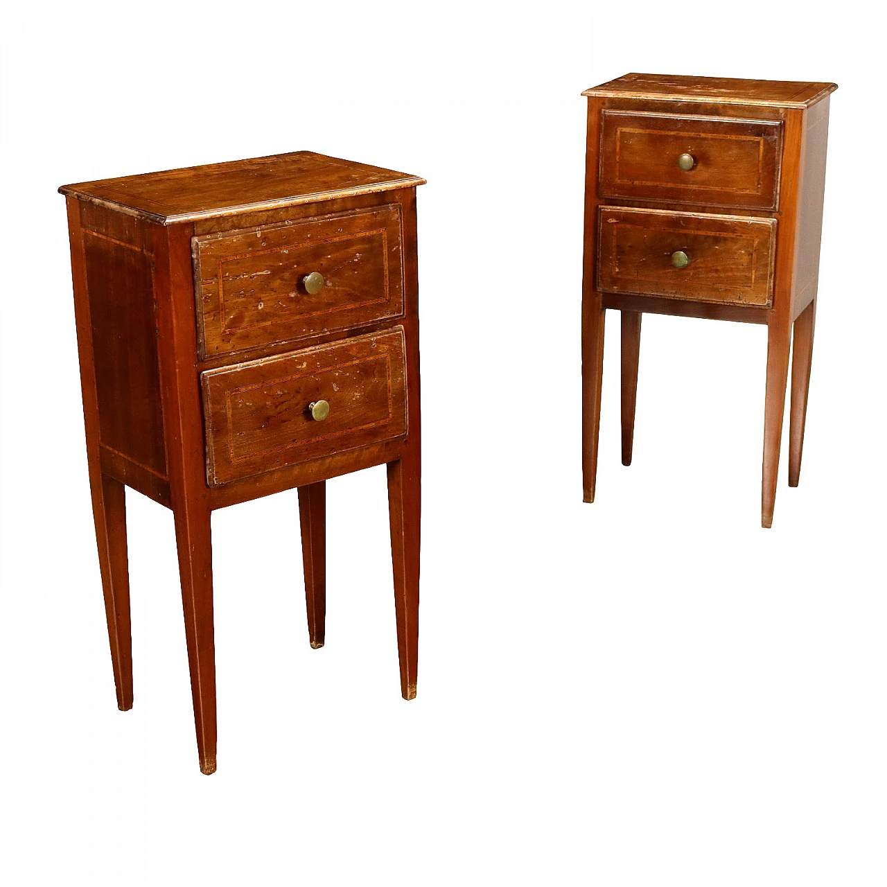 Pair of Louis XVI style walnut and bois de rose bedside tables 1