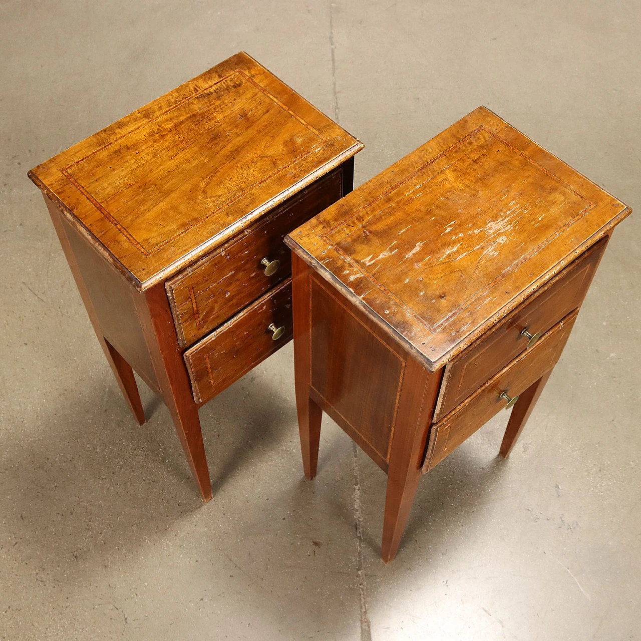Pair of Louis XVI style walnut and bois de rose bedside tables 3