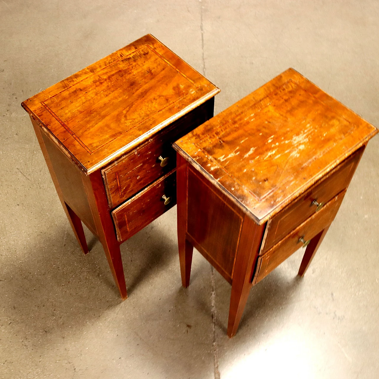 Pair of Louis XVI style walnut and bois de rose bedside tables 4