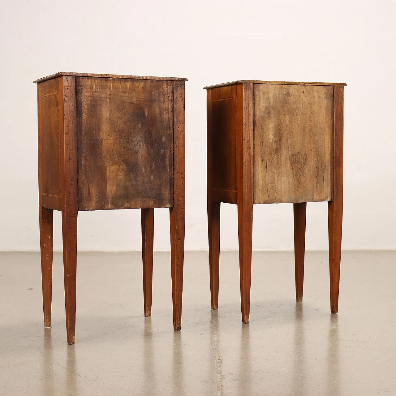 Pair of Louis XVI style walnut and bois de rose bedside tables 7