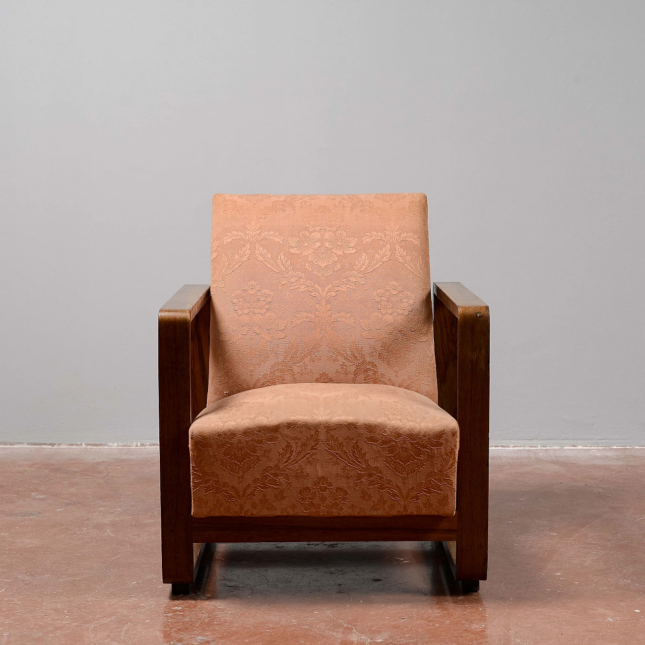 Art Deco Streamline wood and damask fabric armchair, 1930s 1