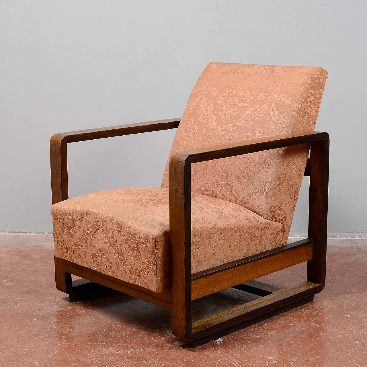 Art Deco Streamline wood and damask fabric armchair, 1930s 2