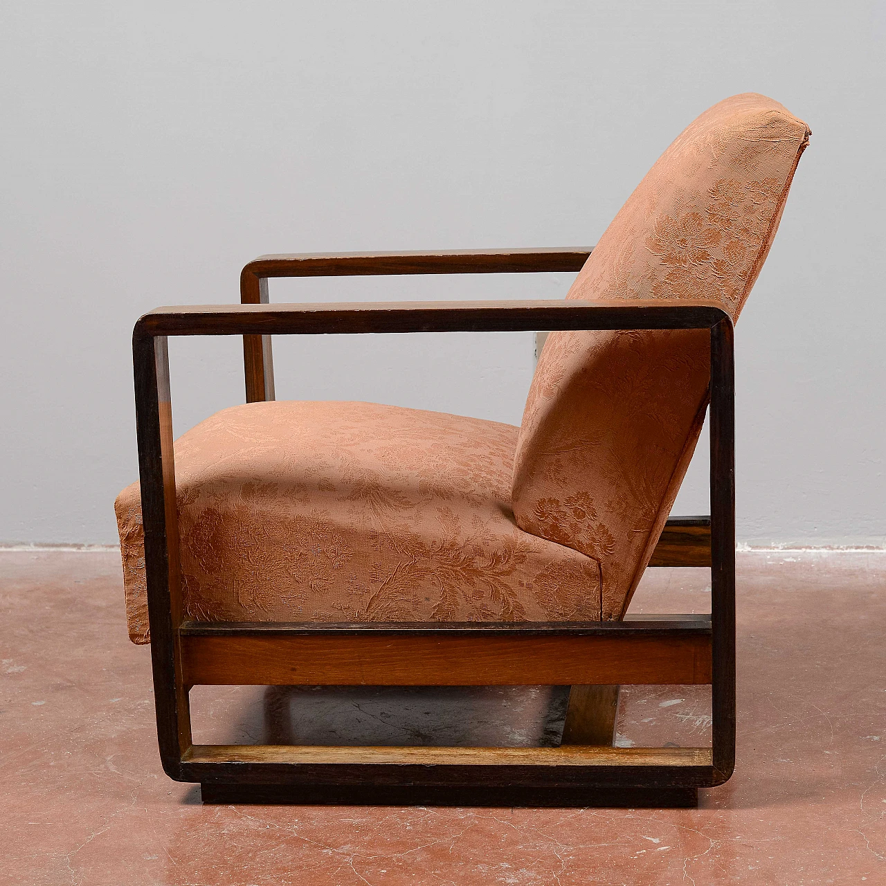 Art Deco Streamline wood and damask fabric armchair, 1930s 3