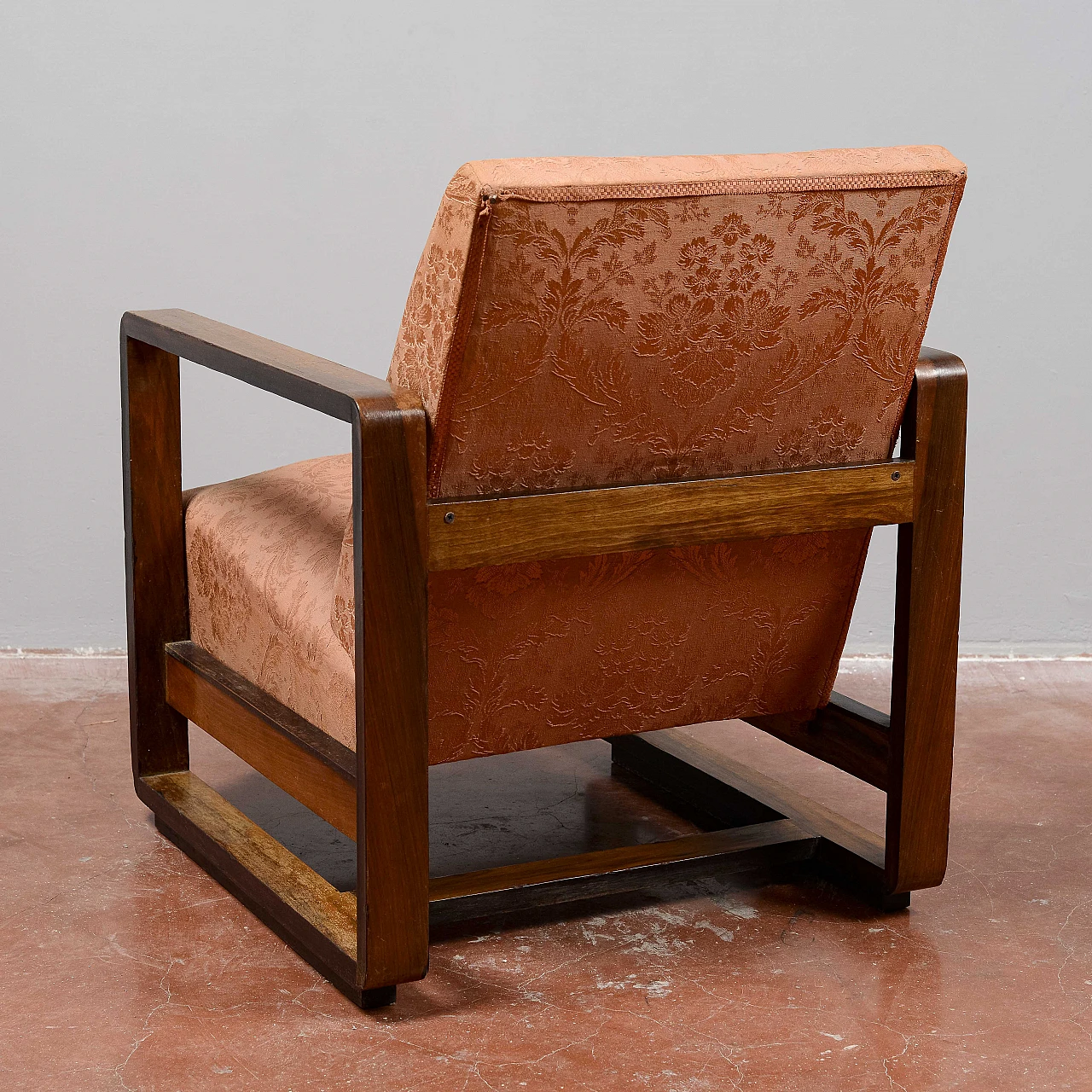Art Deco Streamline wood and damask fabric armchair, 1930s 4