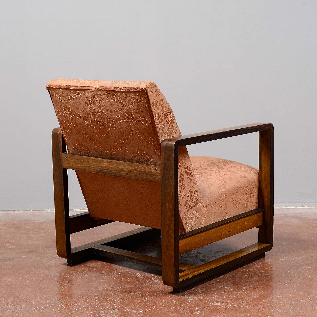 Art Deco Streamline wood and damask fabric armchair, 1930s 5