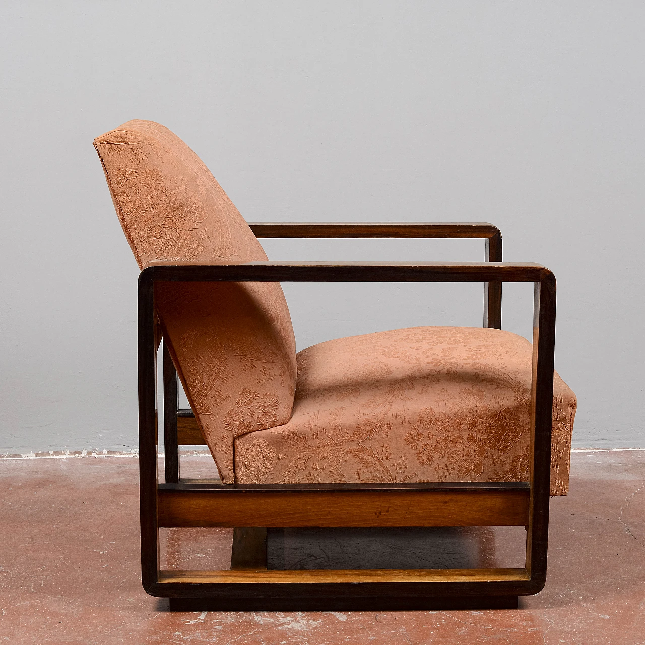 Art Deco Streamline wood and damask fabric armchair, 1930s 6