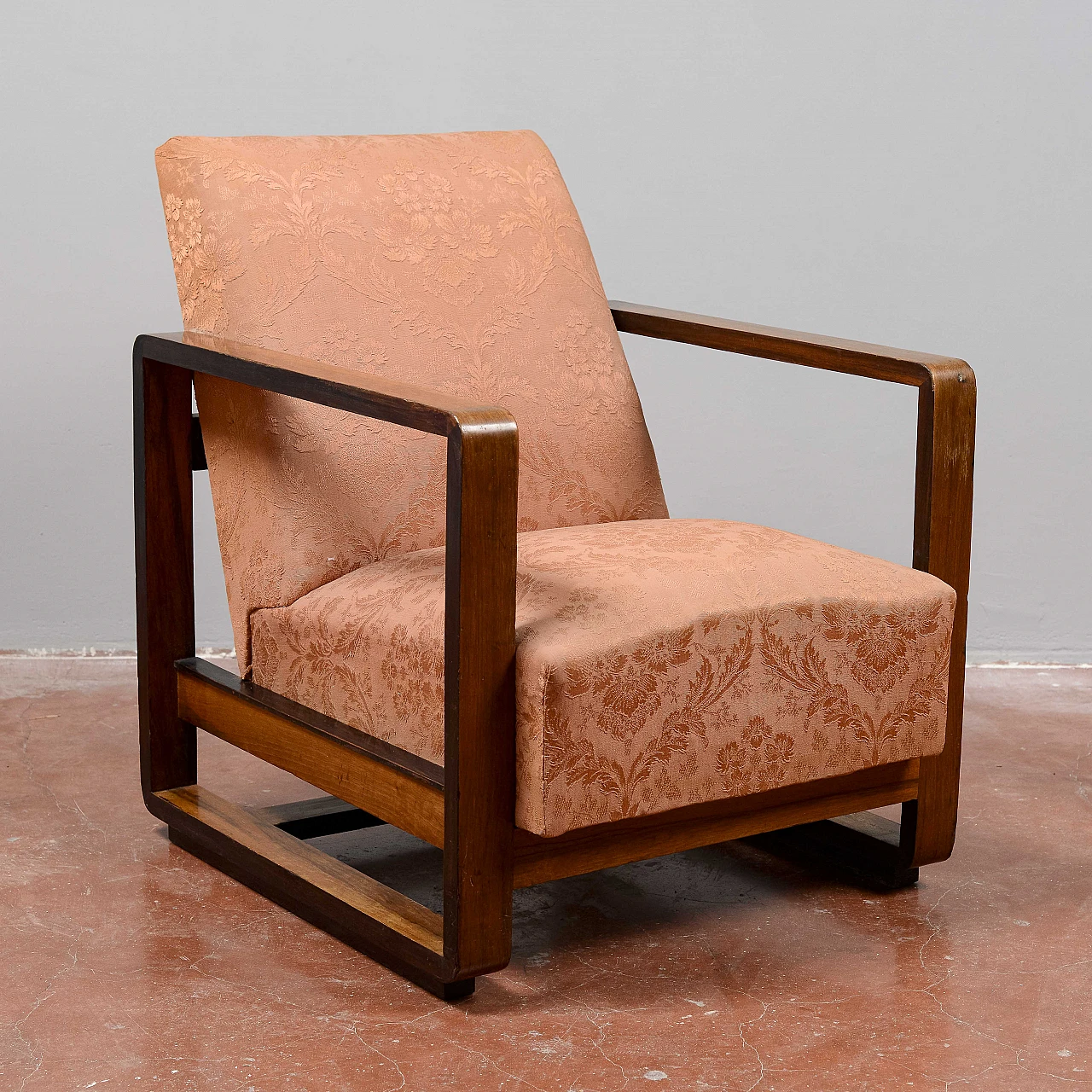 Art Deco Streamline wood and damask fabric armchair, 1930s 7