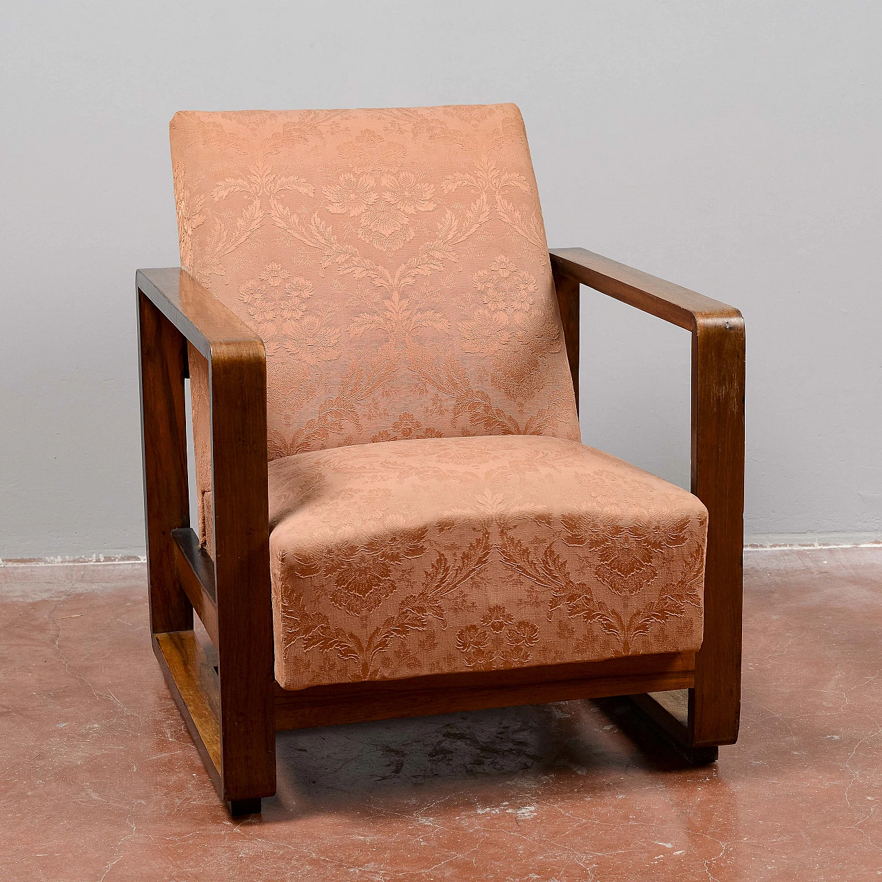 Art Deco Streamline wood and damask fabric armchair, 1930s 8