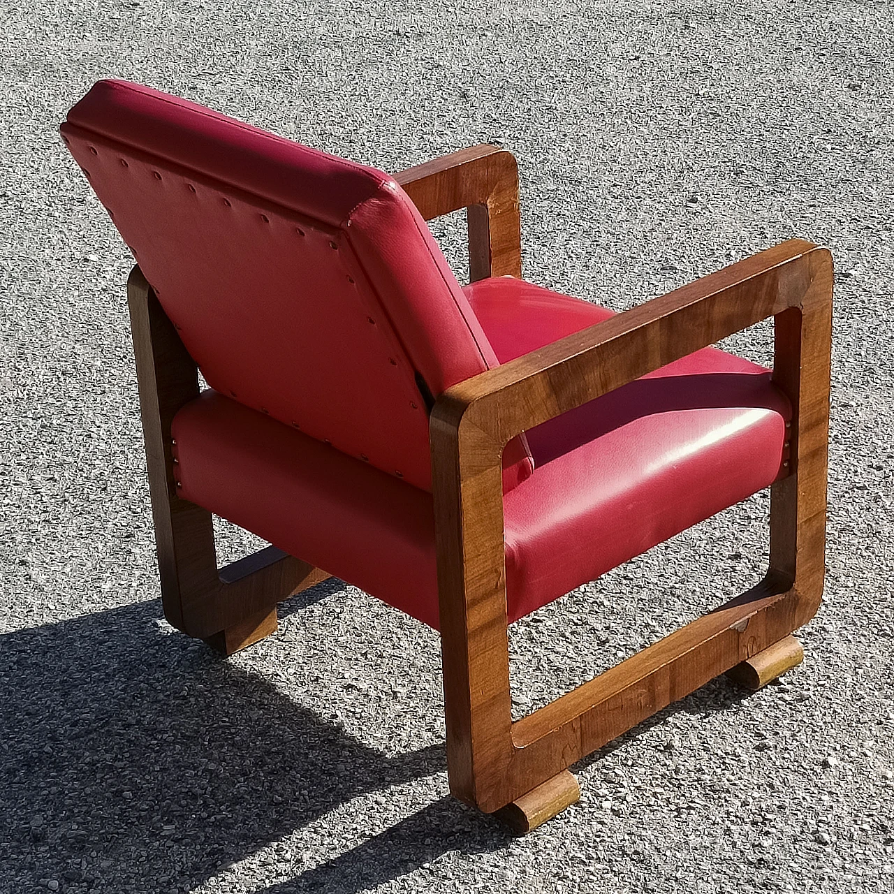 Art Deco wood and red leather armchair, 1920s 3