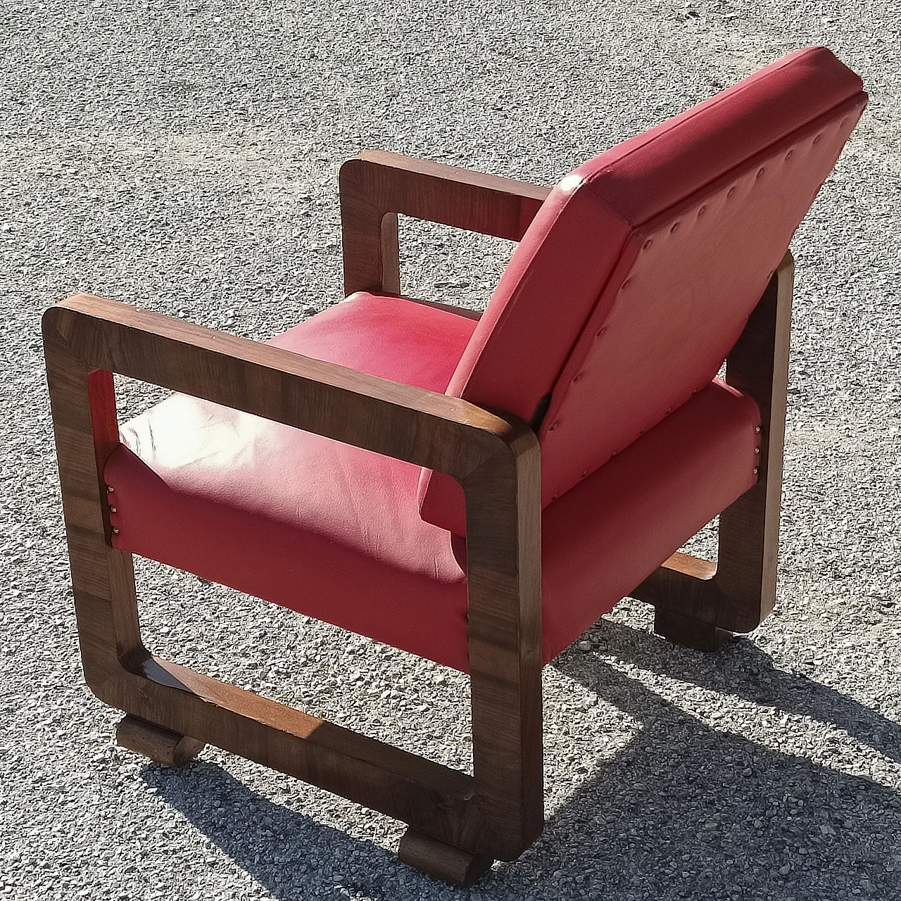 Art Deco wood and red leather armchair, 1920s 4