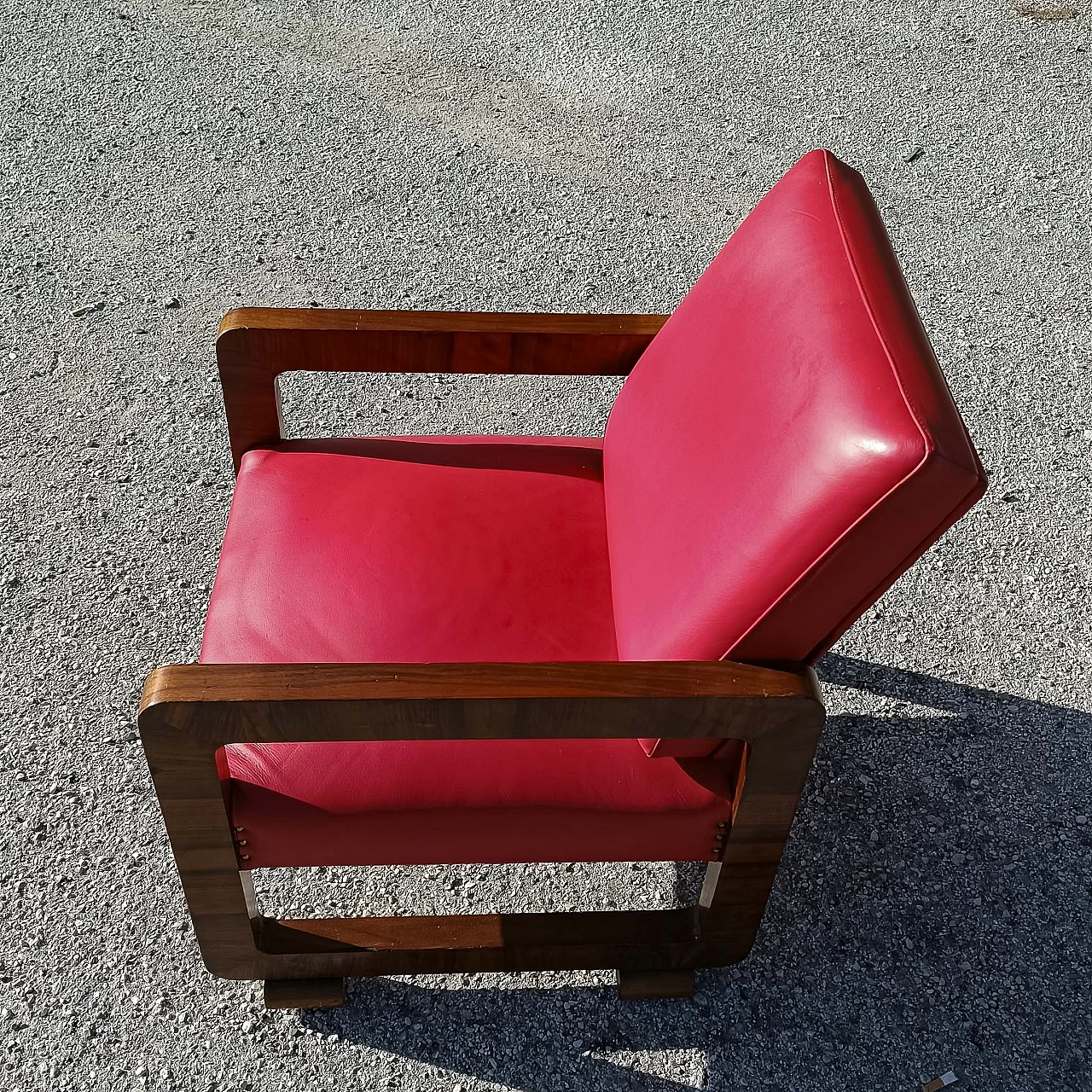 Art Deco wood and red leather armchair, 1920s 5