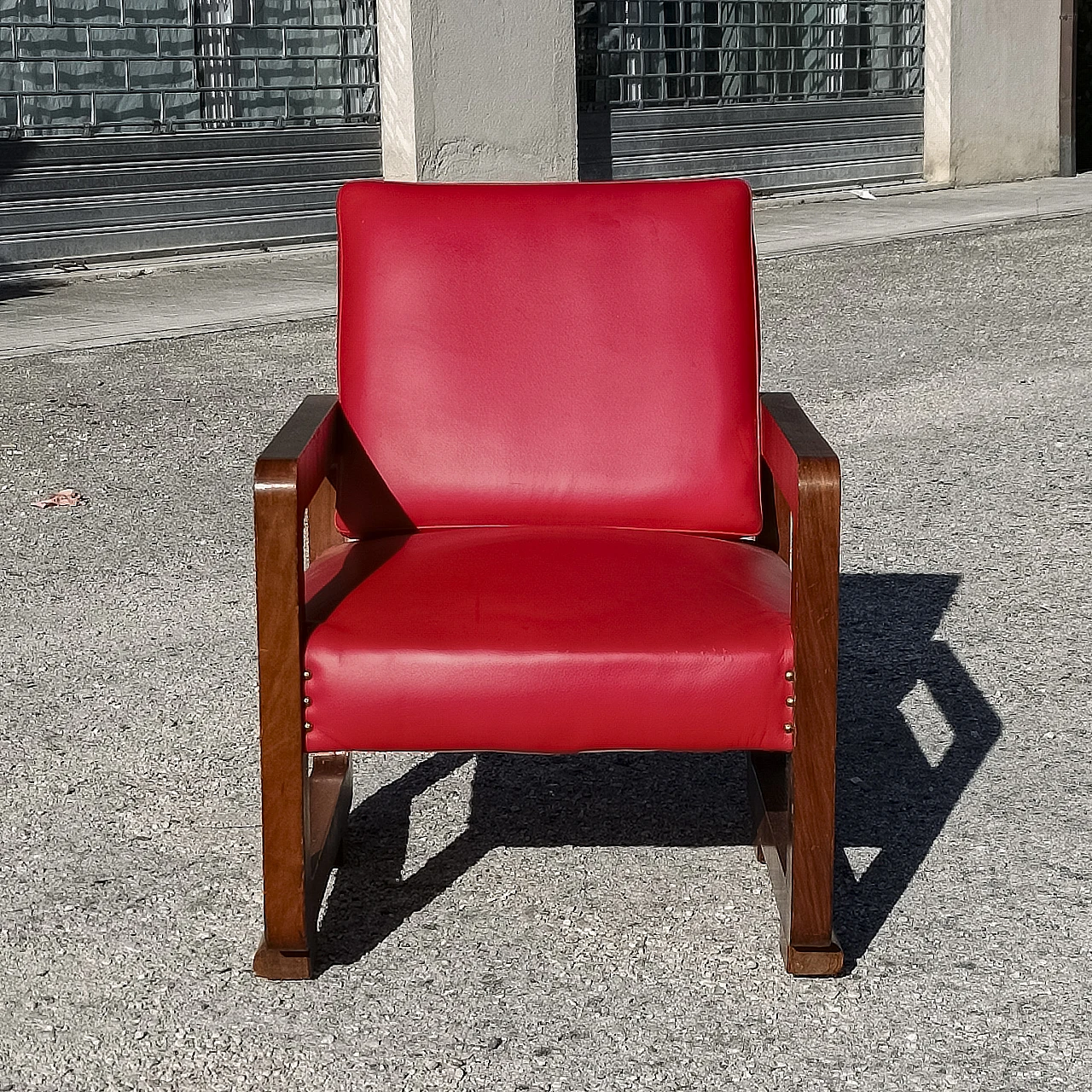 Art Deco wood and red leather armchair, 1920s 7