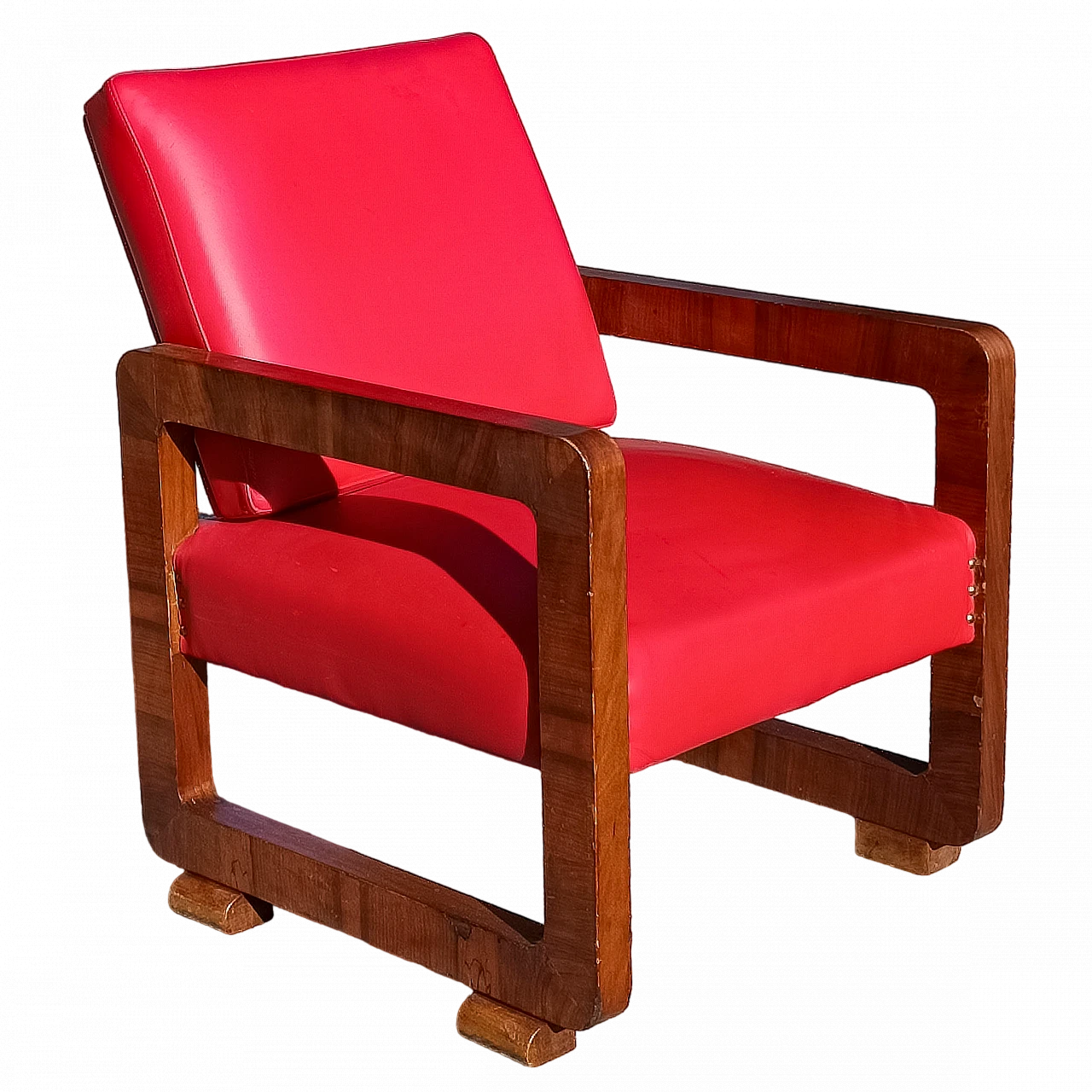 Art Deco wood and red leather armchair, 1920s 9