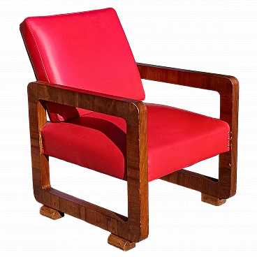 Art Deco wood and red leather armchair, 1920s