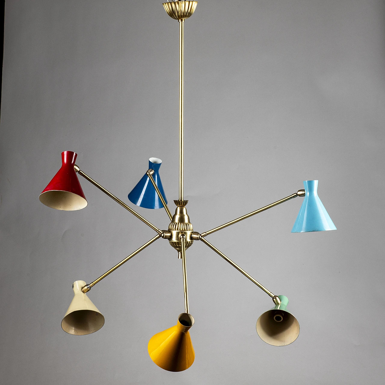 Lampadario in ottone e latta multicolore di Stilnovo, anni '50 8