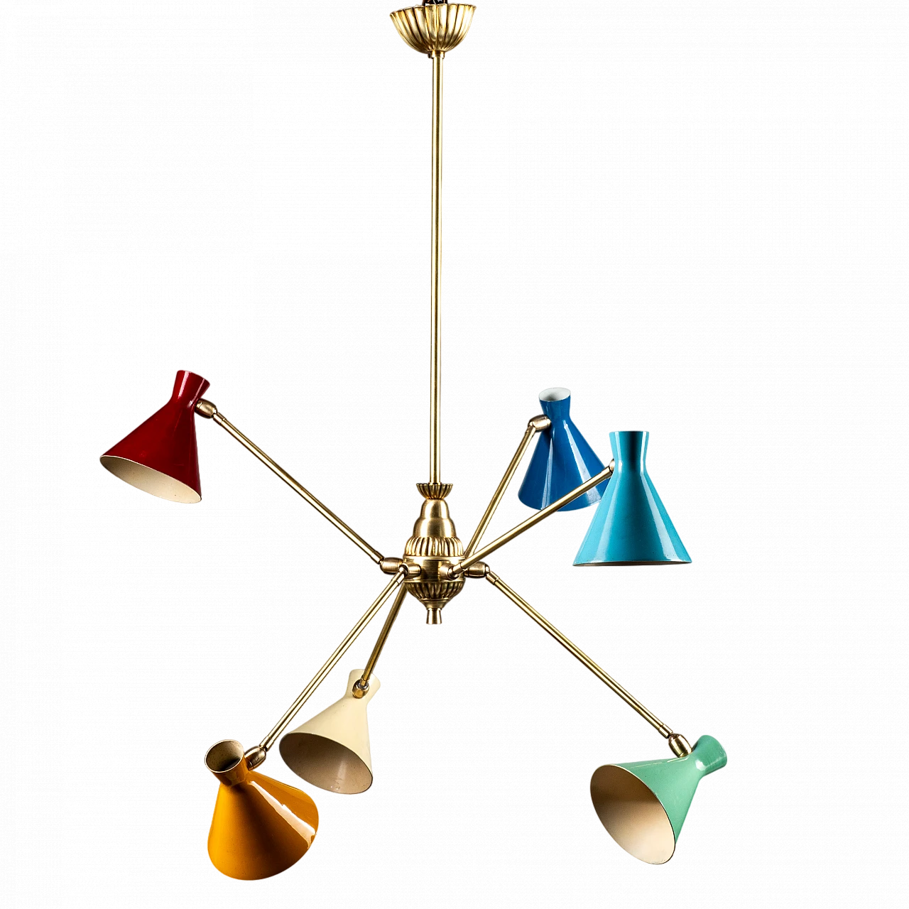 Lampadario in ottone e latta multicolore di Stilnovo, anni '50 9