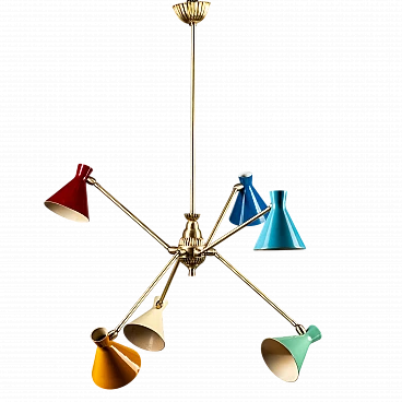 Brass and multicolored tin chandelier by Stilnovo, 1950s