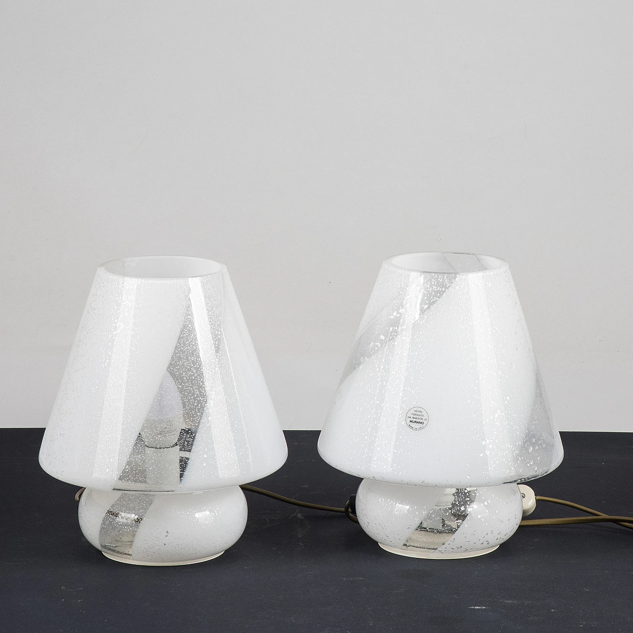Pair of white and silver Murano glass lamps, 1980s 2
