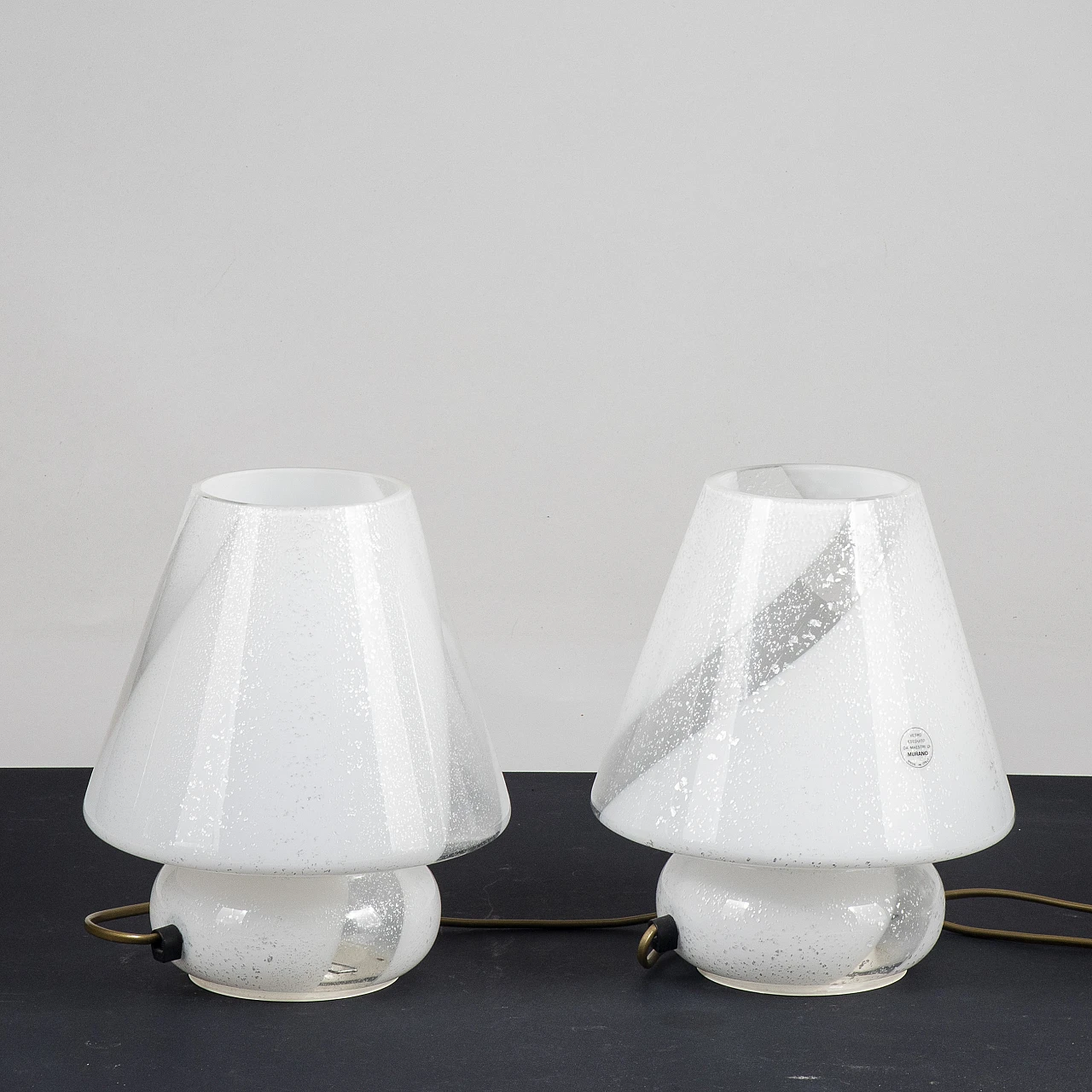 Pair of white and silver Murano glass lamps, 1980s 3