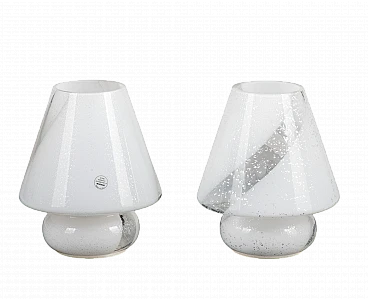 Coppia di lampade in vetro di Murano bianco e argento, anni '80
