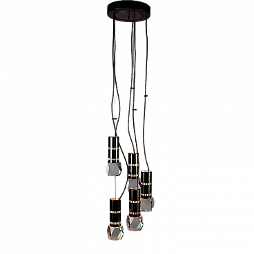 Ceiling lamp with 5 lights in aluminium and brass, 1970s