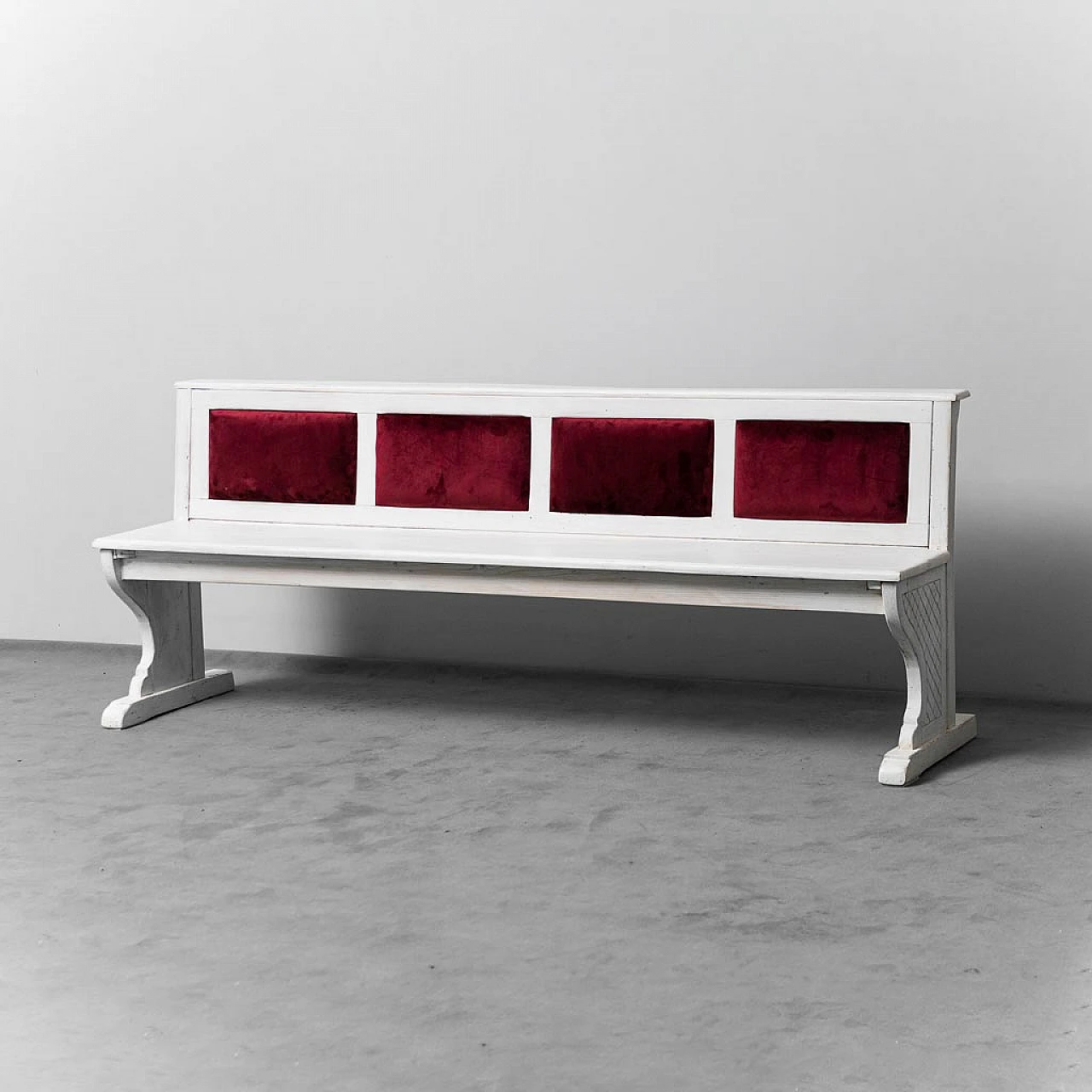 Wood and burgundy velvet bench, 1950s 1