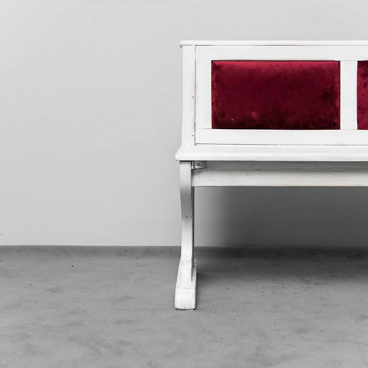 Wood and burgundy velvet bench, 1950s 2