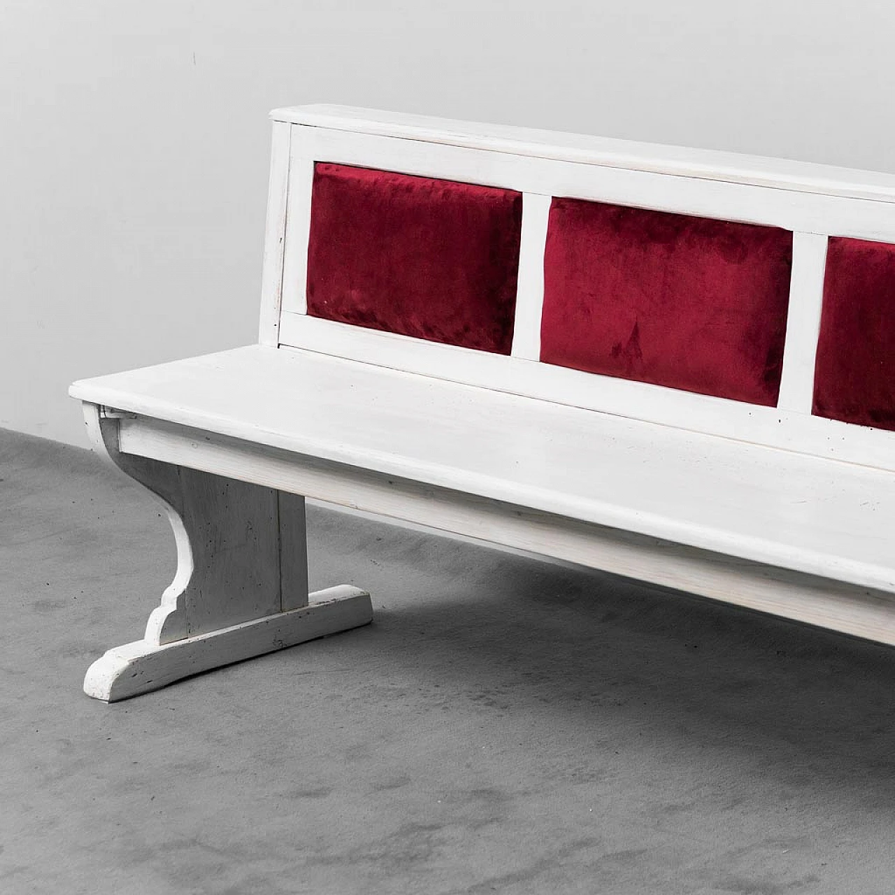 Wood and burgundy velvet bench, 1950s 3