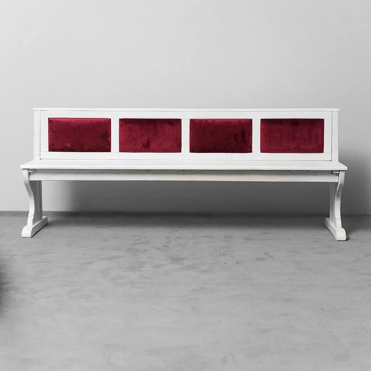 Wood and burgundy velvet bench, 1950s 4