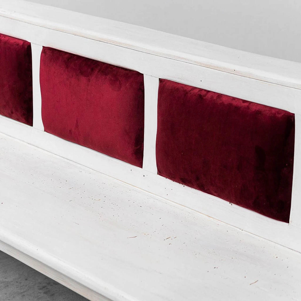 Wood and burgundy velvet bench, 1950s 6