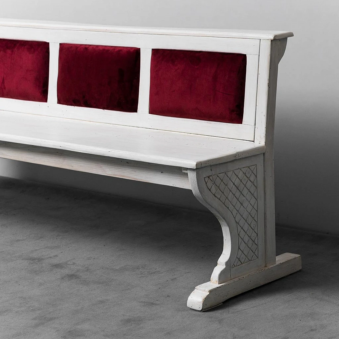 Wood and burgundy velvet bench, 1950s 7