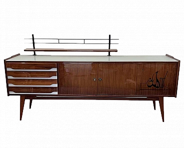 Wood sideboard with glass top and iron shelf, 1950s
