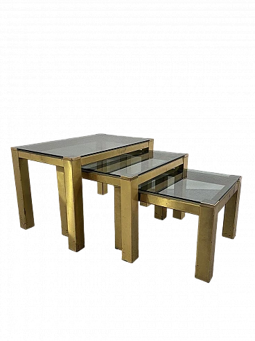3 Nesting tables in brass and smoked crystal, 1970s