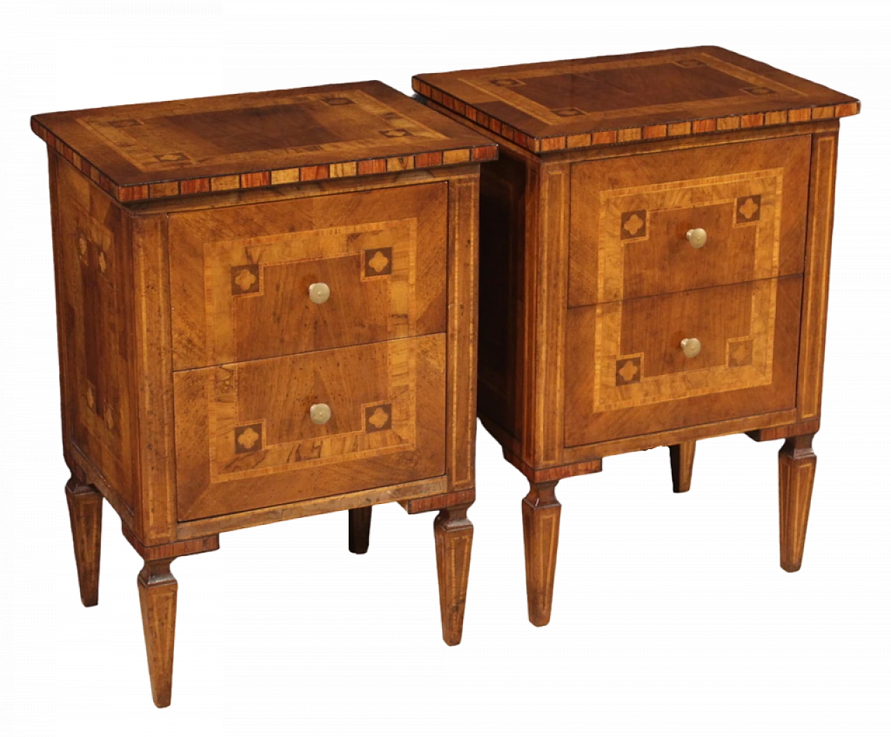 Pair of Louis XVI style inlaid wood  bedside tables, 1970s 13