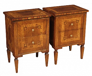 Pair of Louis XVI style inlaid wood  bedside tables, 1970s