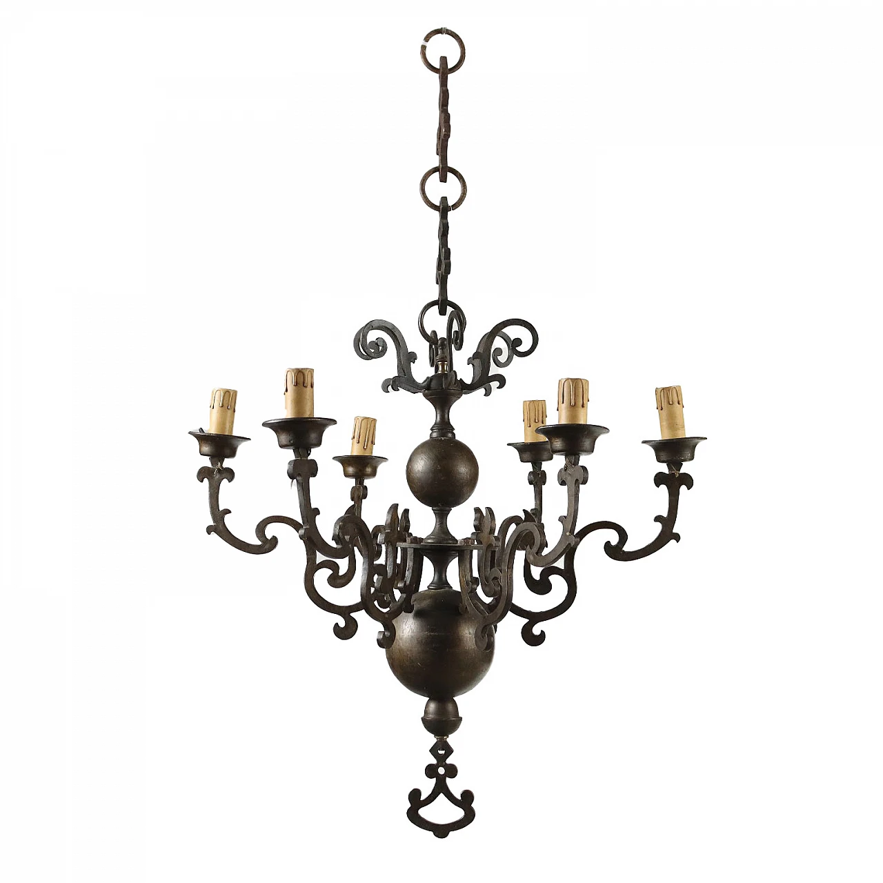 6-Light bronze chandelier with wavy arms, 18th century 1