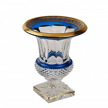 Vaso in cristallo con profili blu e decorazioni oro di St. Louis