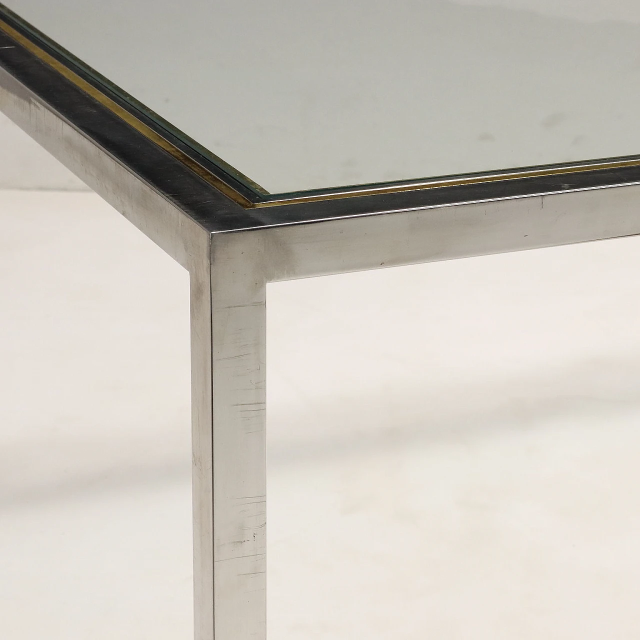 Tavolo con piano in vetro e struttura in ottone & acciaio, anni '70 3