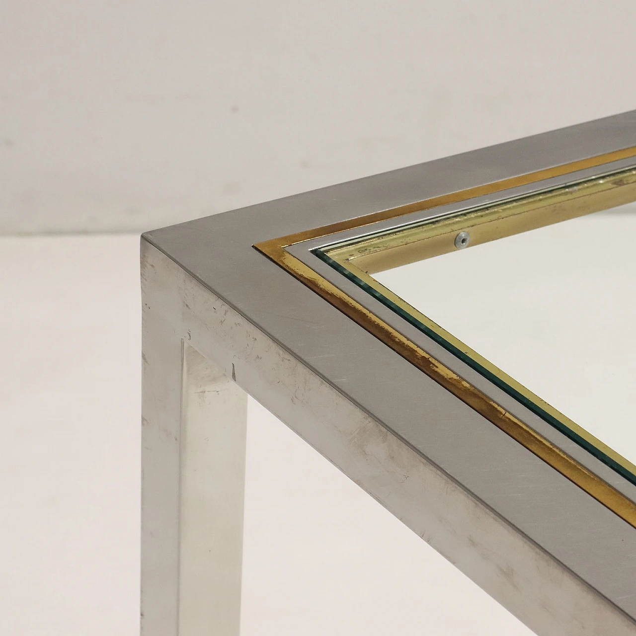 Tavolo con piano in vetro e struttura in ottone & acciaio, anni '70 4